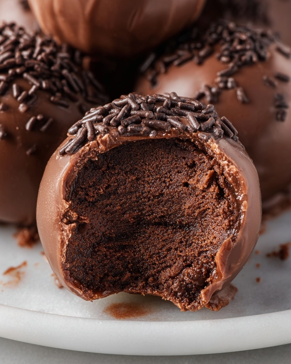 White round plate filled with a generous mound of rich chocolate truffles, each coated smoothly in glossy dark chocolate and sprinkled with delicate chocolate shreds on top, arranged in a pyramid shape to display the full batch of truffles, some in a shallow white bowl in the background, all against a white marble countertop with natural light softly illuminating the glossy texture, professional food styling, photo taken with an iphone --ar 4:5 --v 7