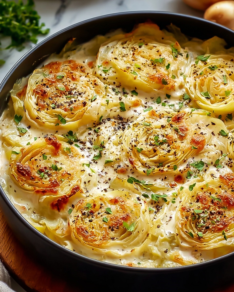 Round black baking dish filled with a whole layered cabbage gratin, each cabbage round baked to golden edges, covered in creamy white sauce, sprinkled with cracked black pepper and fresh chopped parsley, whole dish shown from a close 3/4 angle on a white marble background with natural lighting, a professional glossy food magazine style hero shot, photo taken with an iphone --ar 4:5 --v 7