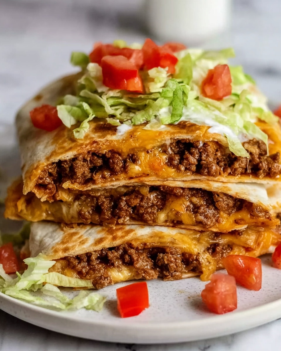 A large white rectangular serving dish filled with a whole uncut layered taco casserole, showcasing layers of seasoned ground beef, melted cheddar cheese, fresh shredded lettuce, diced tomatoes, and creamy sauce all encased within soft, golden baked tortillas, garnished with extra diced tomatoes on top, shot from a 3/4 angle on a white marble background with natural lighting, resembling a professional food magazine hero shot, photo taken with an iphone --ar 4:5 --v 7