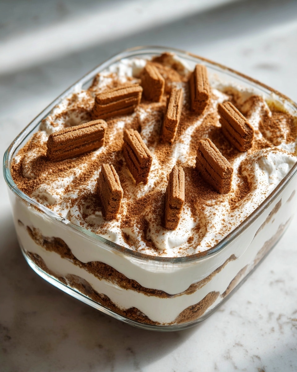 Large white glass baking dish filled with layered creamy dessert featuring whole rectangular spiced cookies arranged neatly on top, thick layers of whipped cream and cookie crumbs visible throughout the entire dish, presented on a simple white marble countertop, natural lighting highlighting the textures, professional food magazine style photo taken with an iphone --ar 4:5 --v 7