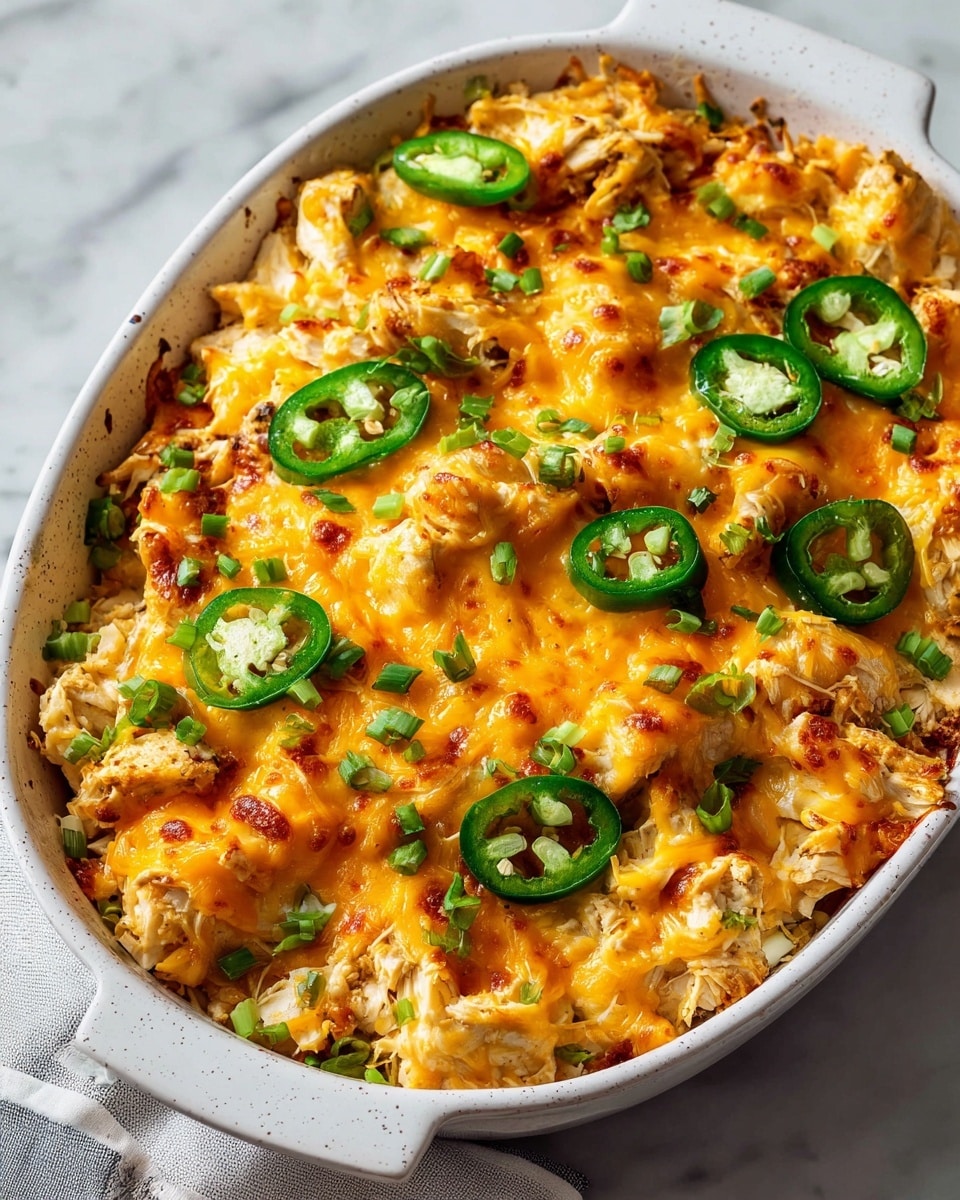 Large white speckled ceramic baking dish filled with a whole cheesy chicken and jalapeño casserole, featuring shredded chicken chunks generously covered with melted bright orange cheddar cheese, sliced fresh jalapeño peppers, and finely chopped scallions scattered on top, all baked to a golden, bubbly perfection. The entire dish is perfectly presented from a professional 3/4 angle shot on a white marble countertop with natural lighting, styled like a hero food magazine photo, capturing the enticing textures and vibrant colors, photo taken with an iphone --ar 4:5 --v 7