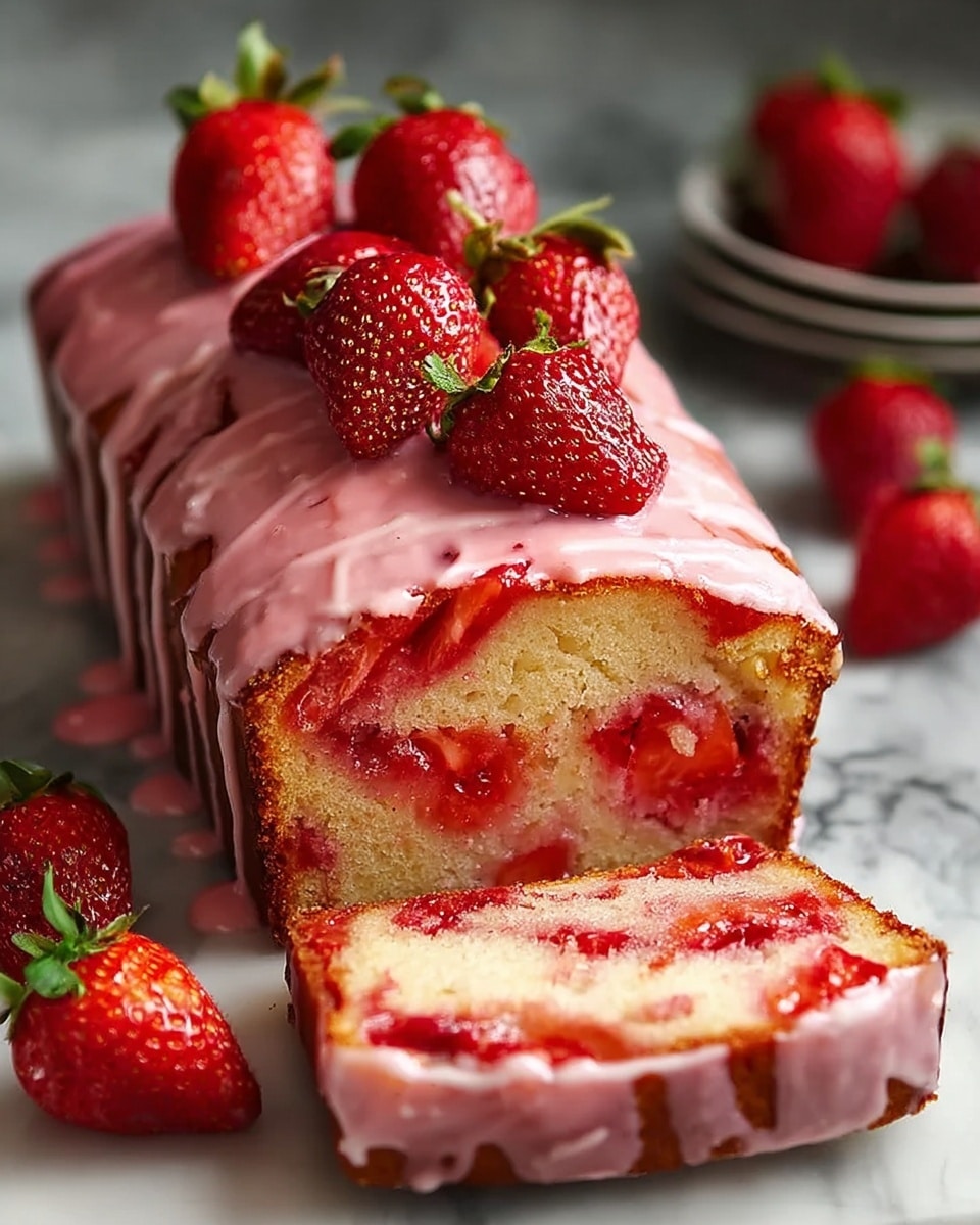 Long white rectangular cake loaf fully coated with smooth pink strawberry glaze, decorated with whole fresh strawberries on top, the entire cake displayed on a white marble surface with natural light showcasing the moist texture and vibrant red strawberry swirls inside the cake, professional 3/4 angle hero shot, whole dish in full frame, food magazine style photo taken with an iphone --ar 4:5 --v 7