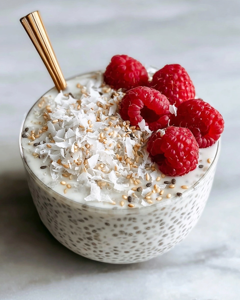 Large white bowl filled with creamy chia seed pudding, showcasing a smooth and luscious texture densely packed with hydrated chia seeds. The entire dish is garnished generously with coconut flakes and sprinkled with whole chia seeds, topped with dollops of coconut cream and pieces of toasted coconut or light crunchy bits, all arranged beautifully to emphasize freshness and indulgence. Shot from a professional 3/4 angle on a pristine white marble background with natural lighting, resembling a food magazine hero image. photo taken with an iphone --ar 4:5 --v 7