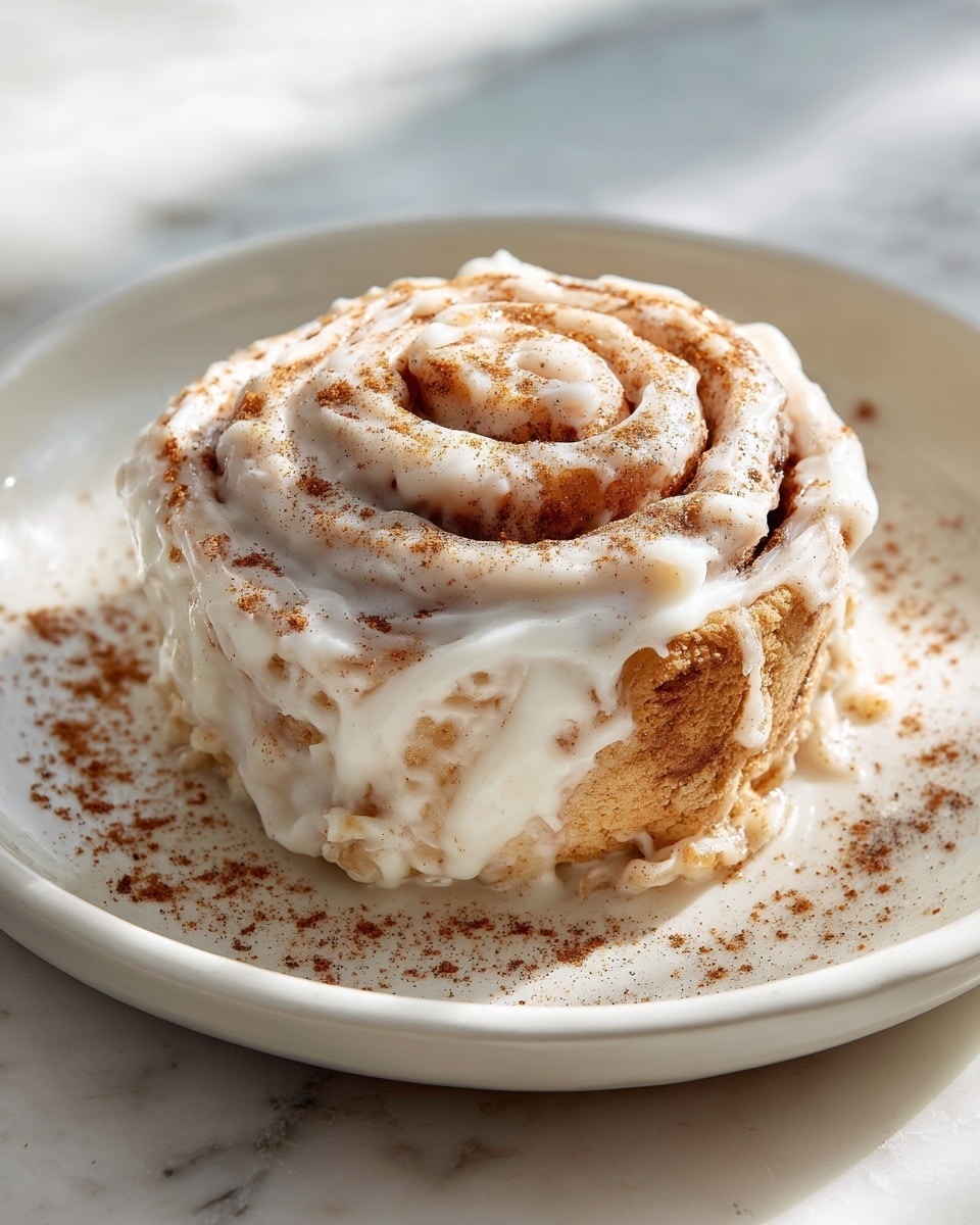 Large white ceramic plate filled with a perfectly shaped, whole cinnamon roll generously swirled with thick creamy white icing and sprinkled with cinnamon powder, showing the entire uncut roll with its tightly layered dough and spiced filling visible beneath the glossy glaze, placed on a white marble countertop with natural light highlighting the soft texture and warm tones, professional food magazine hero shot photo taken with an iphone --ar 4:5 --v 7