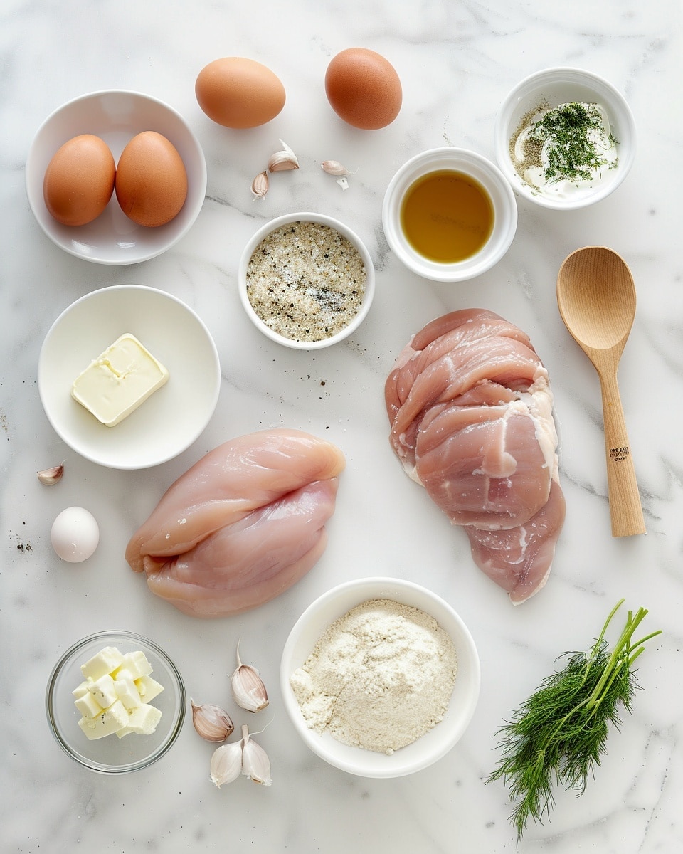 Single white plate with a stacked portion of crispy golden-brown fried chicken schnitzel pieces layered with creamy white sauce, topped with a generous heap of vibrant yellow-green pickle slices and fresh dill sprigs, close-up angled shot highlighting the crunchy texture of the breading and the luscious sauce pooling around the base, all set on a white marble surface with natural light enhancing the rich colors and inviting textures, intimate plated serving photo taken with an iphone --ar 4:5 --v 7