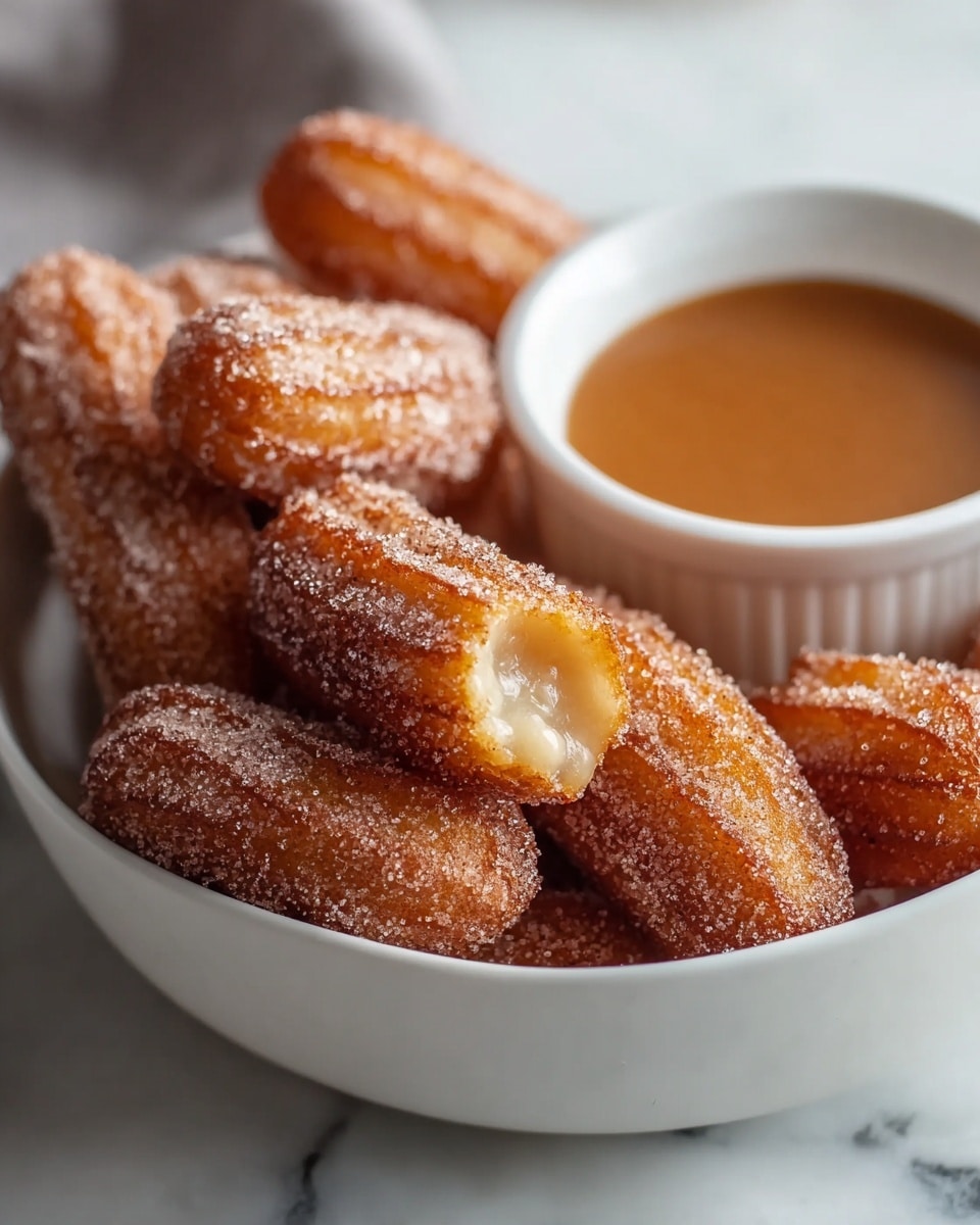 White round serving plate heaped with multiple golden-brown mini churros, each coated evenly with granulated sugar, showcasing their ridged, cylindrical shapes in a full arrangement, accompanied by white dipping bowls filled with creamy sauce, set on a white marble countertop under natural lighting, professional food styling, whole dish captured in a 3/4 angle hero shot, photo taken with an iphone --ar 4:5 --v 7