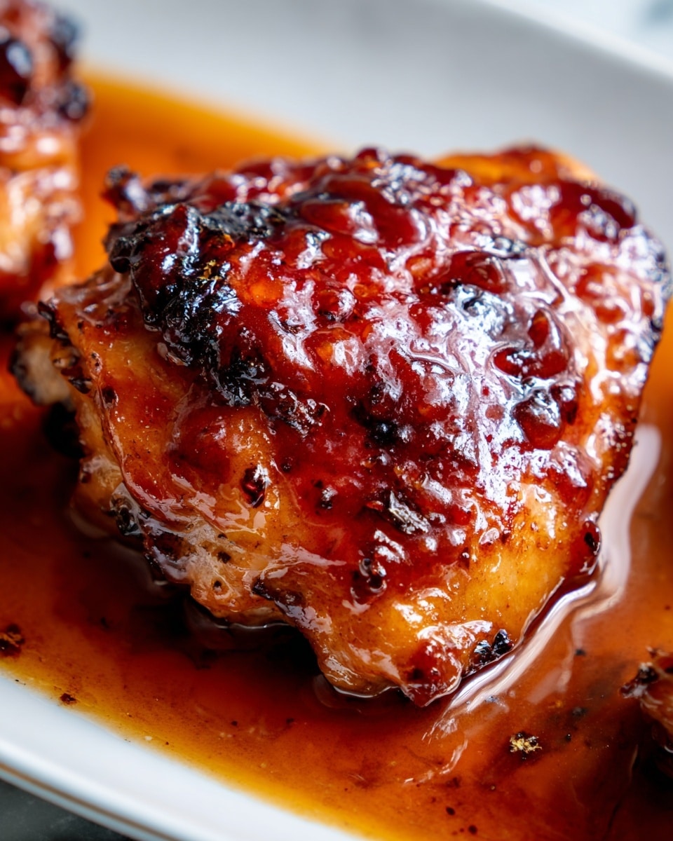 Large white rectangular baking dish filled with multiple juicy, caramelized BBQ chicken thighs, glistening with a rich, sticky glaze and charred edges, immersed in savory sauce pooling at the bottom, presented as a whole uncut tray, photographed from a 3/4 angle on a white marble countertop with natural lighting, professional food styling photo taken with an iphone --ar 4:5 --v 7