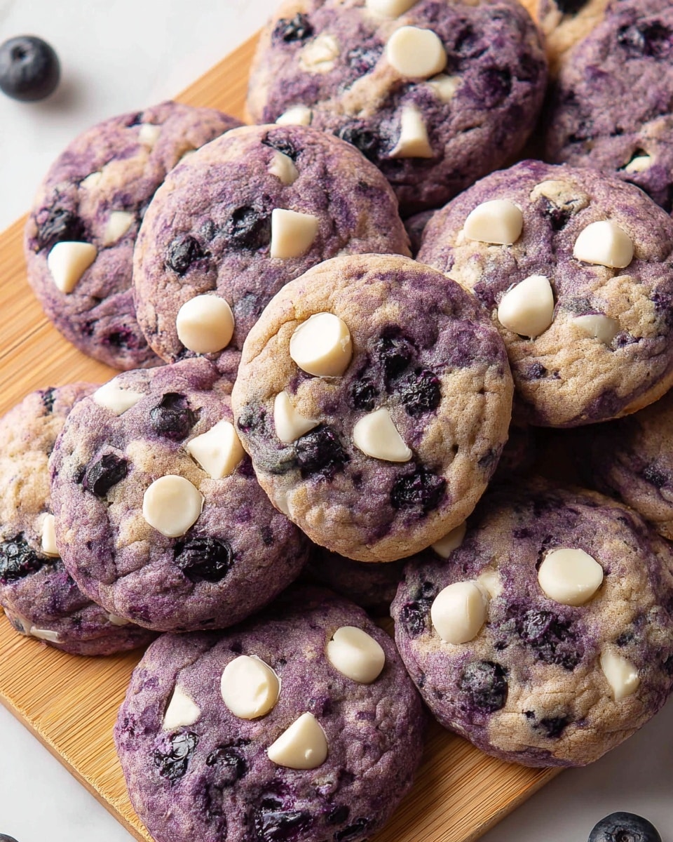 Large white serving platter filled with a dozen whole purple blueberry cookies generously studded with chunks of white chocolate, blueberries peeking through the soft, textured dough, arranged closely together, whole dish photographed from a 3/4 angle on a white marble countertop with natural lighting, professional food magazine style hero shot, photo taken with an iphone --ar 4:5 --v 7
