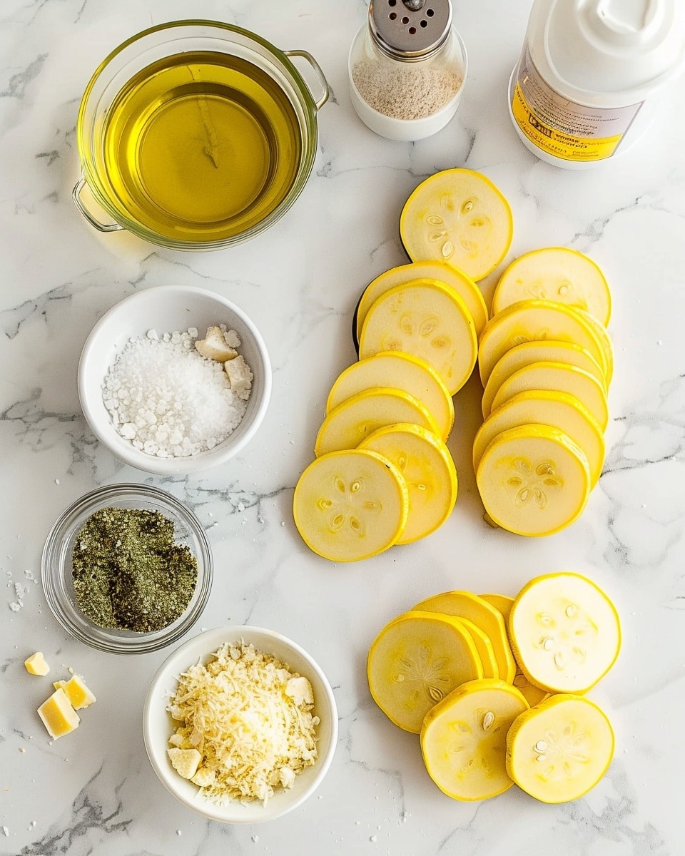 Single white plate showcasing one golden baked yellow squash round topped with a crispy parmesan and herb crust, close-up angled shot revealing the textured, slightly browned cheese layer and tender squash beneath, garnished with a sprinkle of fresh chopped herbs, natural lighting highlighting the savory details, placed on a white marble surface, styled like a food blog individual serving photo taken with an iphone --ar 4:5 --v 7