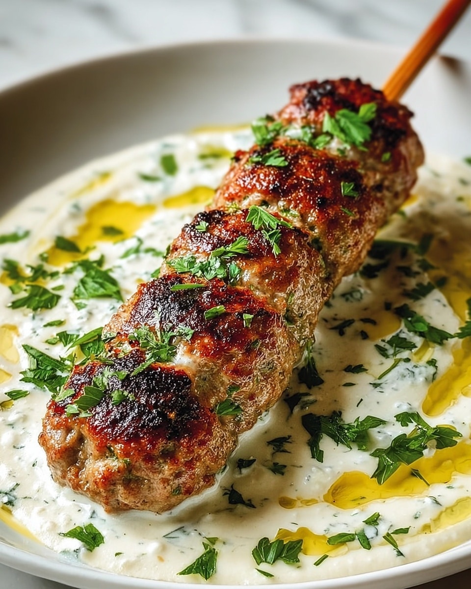 Large white serving platter filled with multiple grilled chicken kebabs seasoned with herbs and spices, perfectly charred and coated in a creamy dill and parsley sauce, garnished with fresh parsley leaves, whole dish photographed from a 3/4 angle on a white marble countertop, professional food styling photo taken with an iphone --ar 4:5 --v 7