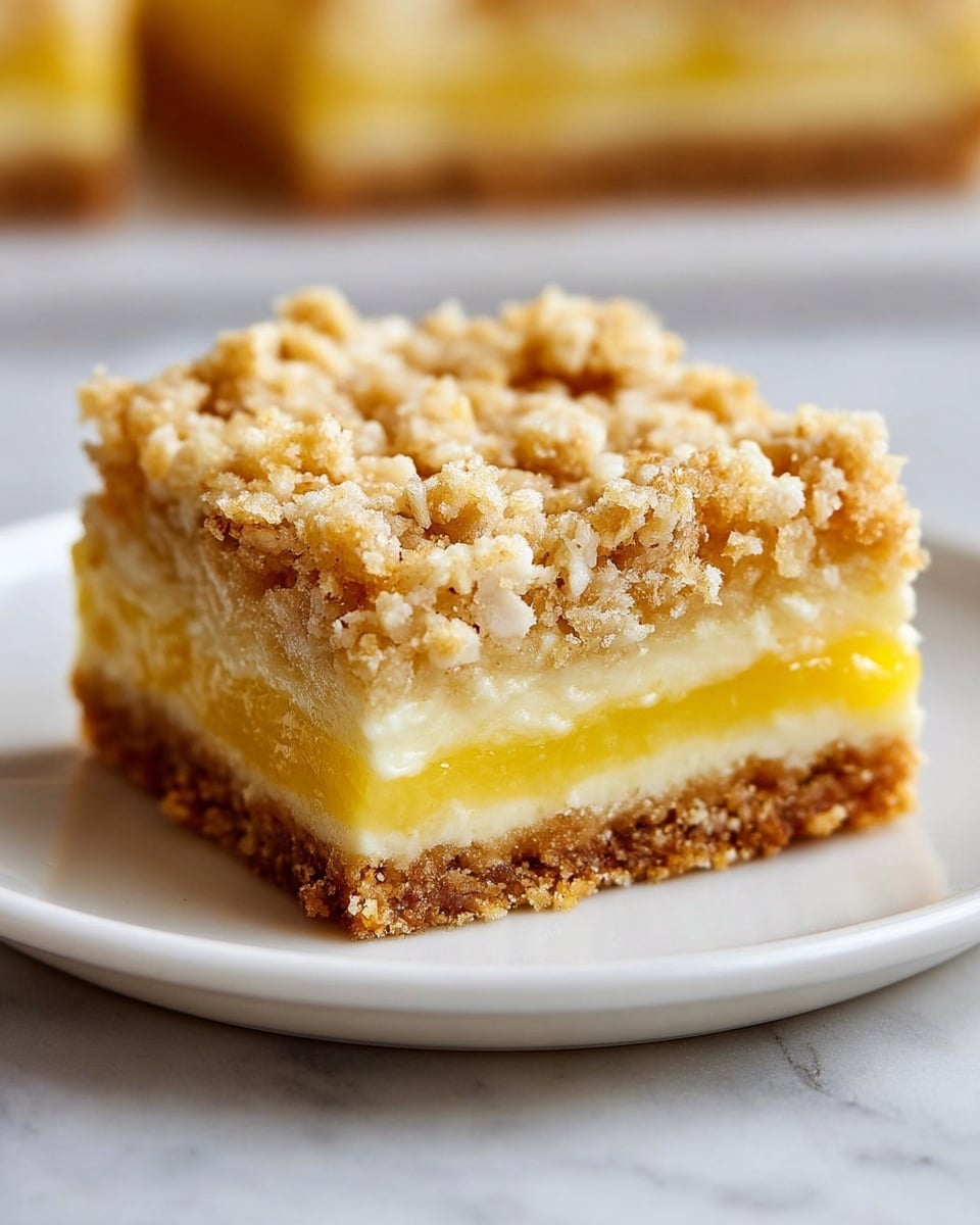 Whole rectangular lemon crumb bars in a white baking dish, showcasing a golden crumbly oat topping, a vibrant lemon custard layer in the middle, and a firm oat crust base, artistically arranged on a white marble countertop with natural lighting, professional overhead food magazine style photo taken with an iphone --ar 4:5 --v 7