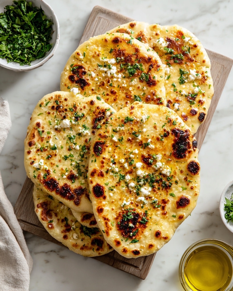 A white rectangular serving platter displaying a full stack of freshly made naan breads, each piece golden-browned with charred spots, glistening with melted butter and sprinkled generously with crumbled feta cheese and chopped fresh parsley, accompanied by a small white bowl filled with vibrant green herbs and a glass container of olive oil on the side, all set on a pristine white marble countertop under soft natural light, styled for a professional food magazine hero shot, photo taken with an iphone --ar 4:5 --v 7