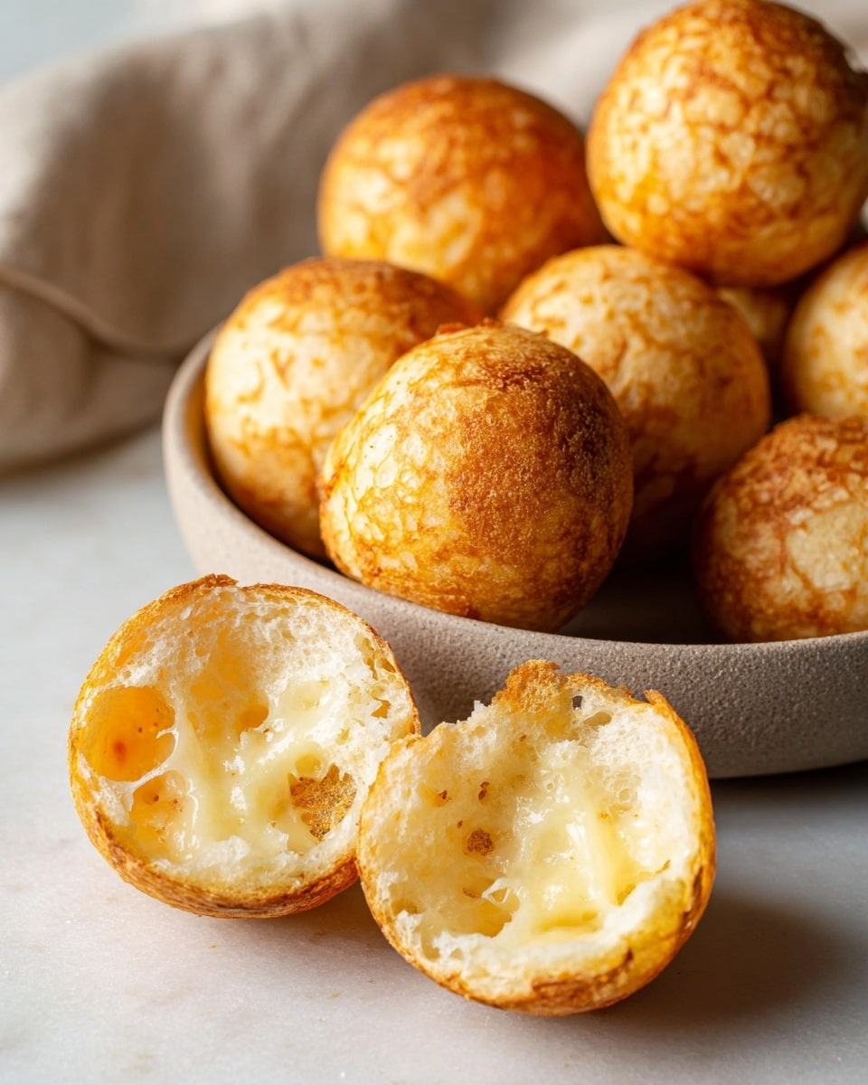 Large white bowl filled with a generous heap of golden-brown Brazilian cheese bread (pão de queijo), showcasing their crispy exterior and perfectly round shapes, the whole batch steaming and freshly baked, arranged closely together to highlight their fluffy and cheesy texture, photographed from a 3/4 angle on a white marble countertop, natural lighting highlighting the warm tones, professional food styling photo taken with an iphone --ar 4:5 --v 7