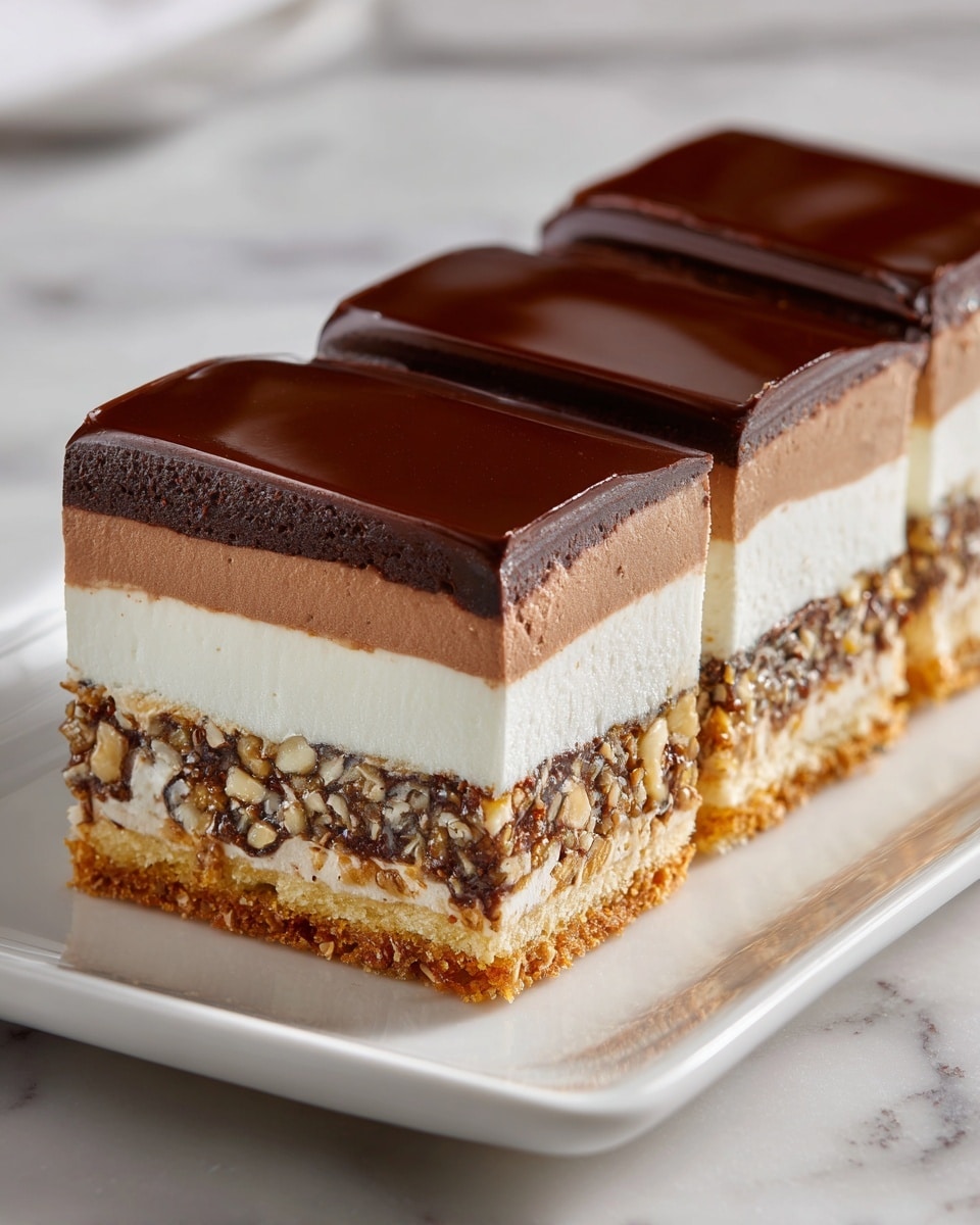 Full rectangular white serving platter displaying an uncut, multi-layered dessert bar with a firm golden crust base topped by a dense, nut-studded caramel layer, a thick smooth white cream layer, a silky milk chocolate mousse layer, all capped with a glossy dark chocolate ganache that gleams under natural lighting, shot from a 3/4 angle on a white marble countertop, styled for a food magazine hero shot, photo taken with an iphone --ar 4:5 --v 7