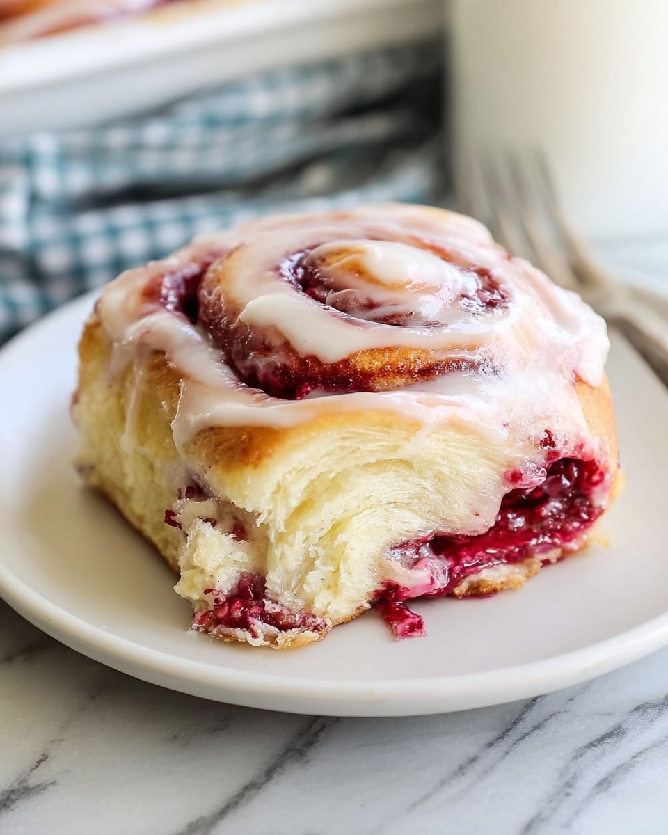 Glass baking dish filled with a full batch of freshly baked cinnamon rolls generously coated with creamy white icing, each roll perfectly golden brown with visible swirls of cinnamon and hints of raspberry jam, arranged tightly together to showcase the entire uncut tray, placed on a white marble surface, captured in natural light from a 3/4 angle, styled like a hero food magazine shot, photo taken with an iphone --ar 4:5 --v 7