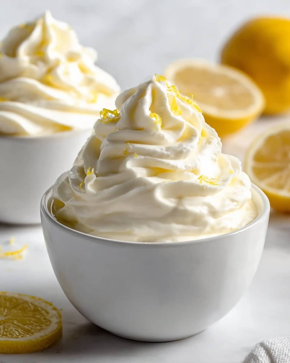Large white serving bowl filled with creamy lemon mousse, perfectly smooth and glossy with light lemon zest sprinkled on top, garnished with fresh whole lemons and halved lemons surrounding the bowl, presented on a white marble countertop under natural lighting, photographed from a three-quarter angle to showcase the full, uncut dish in a professional food magazine hero shot style, photo taken with an iphone --ar 4:5 --v 7