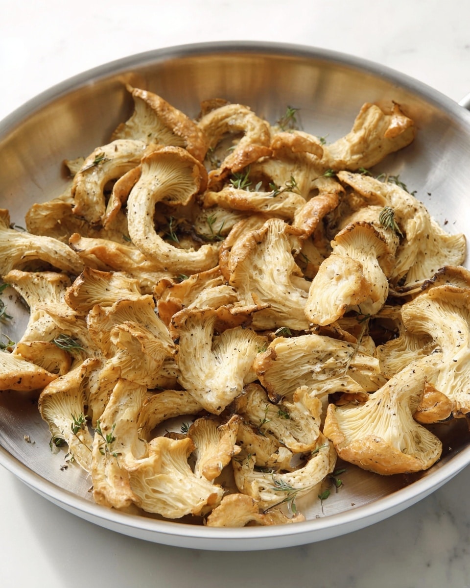 Large white serving bowl filled with whole batch of golden-brown, roasted oyster mushrooms, seasoned with black pepper and herbs, showing their natural textured layers and slightly crispy edges, beautifully arranged to highlight their rustic and earthy appeal, photographed from a 3/4 angle on white marble countertop with natural lighting, professional food magazine hero shot photo taken with an iphone --ar 4:5 --v 7