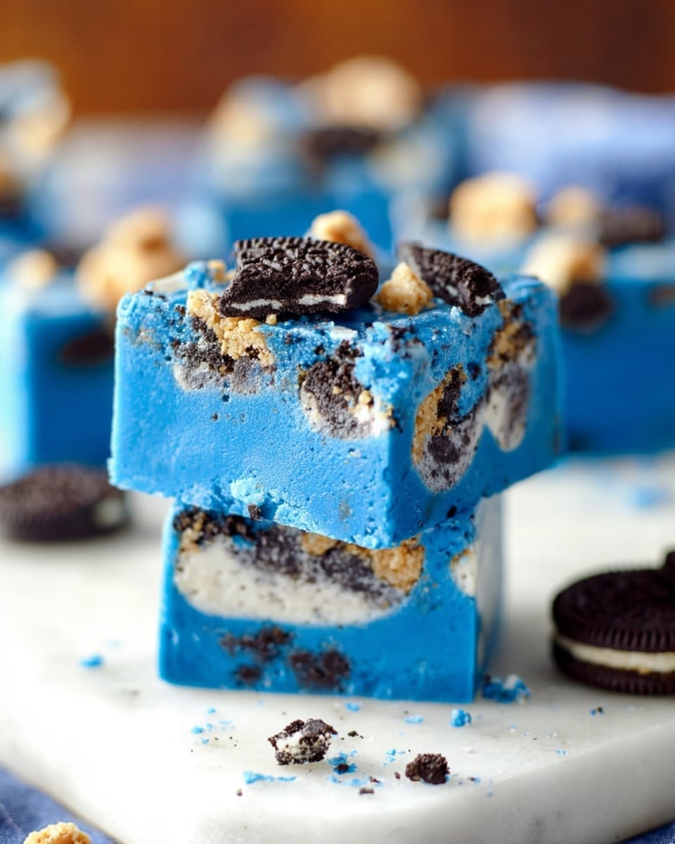 A large white square baking dish filled with vibrant blue fudge generously embedded with whole and halved chocolate sandwich cookies and mini chocolate chip cookie pieces, showcasing the full, uncut slab of dessert with a smooth glossy surface and rich texture, positioned on a white marble countertop with natural lighting highlighting the deep blue and contrasting cookie colors, styled as a hero food magazine shot taken from a 3/4 angle to capture the complete essence of the dish, photo taken with an iphone --ar 4:5 --v 7