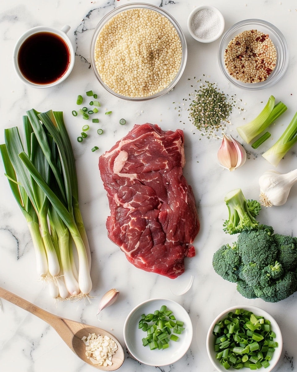 Single white plate with a plated portion of beef and broccoli stir-fry served over fluffy white rice, close-up angled view highlighting juicy caramelized beef chunks, vibrant broccoli florets, and sprinkled white sesame seeds and chopped green onions, with glistening sauce coating the tender meat and vegetables, natural lighting accentuating the fresh textures, all set on a white marble surface, styled like a food blog individual serving photo taken with an iphone --ar 4:5 --v 7