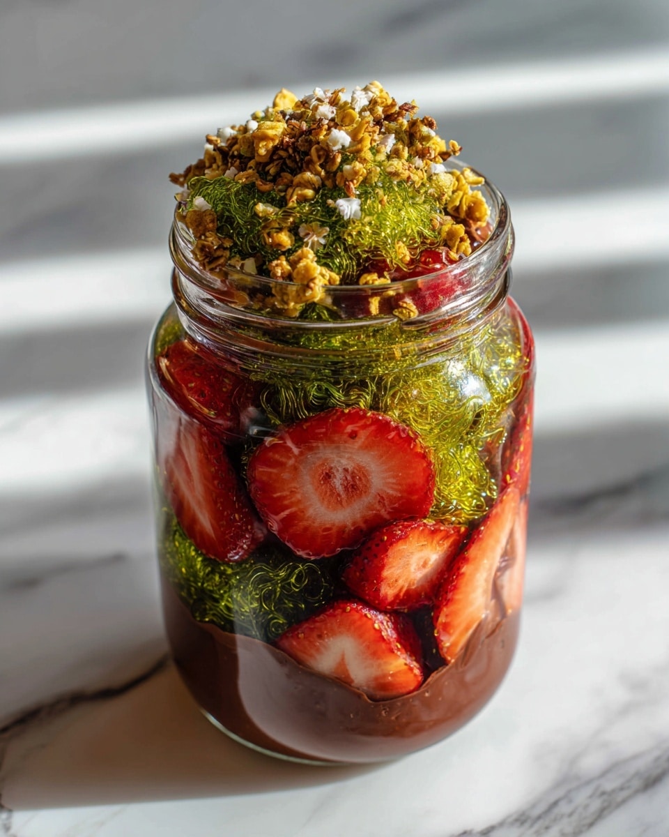 A tall white serving jar filled with layers of rich, glossy chocolate pudding at the bottom, fresh sliced strawberries embedded within, topped generously with vibrant green shredded matcha or pandan jelly strands, and crowned with a heap of crunchy golden nut and seed crumble, all presented in a pristine white setting on a white marble countertop, captured from a perfect 3/4 angle under natural lighting, styled as a hero shot for a food magazine, photo taken with an iphone --ar 4:5 --v 7