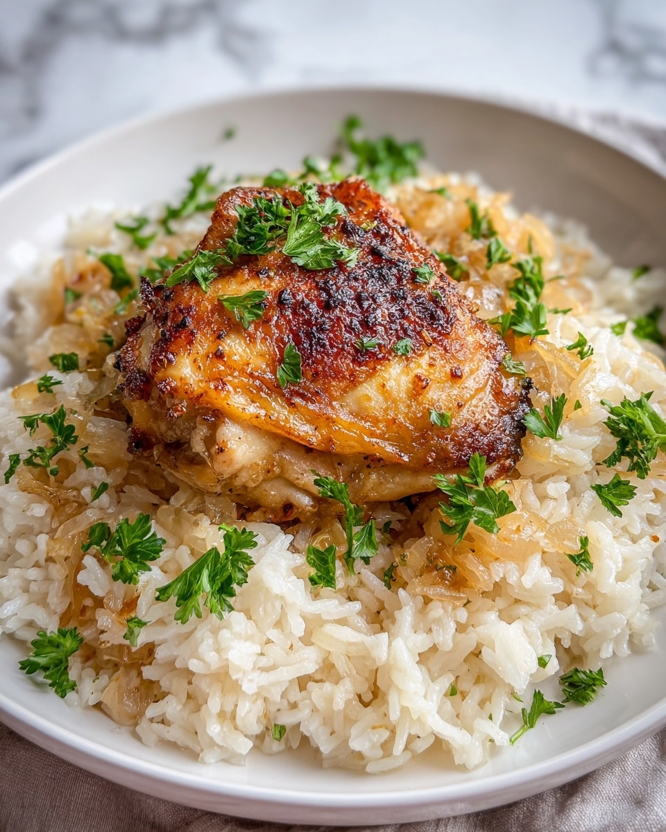 Large white ceramic skillet filled with a complete serving of golden-brown roasted chicken thighs nestled on a bed of fluffy white rice mixed with sautéed translucent onions, garnished with fresh parsley sprigs, the entire dish captured from a 3/4 angle on a white marble background with natural lighting, styled as a professional food magazine hero shot photo taken with an iphone --ar 4:5 --v 7