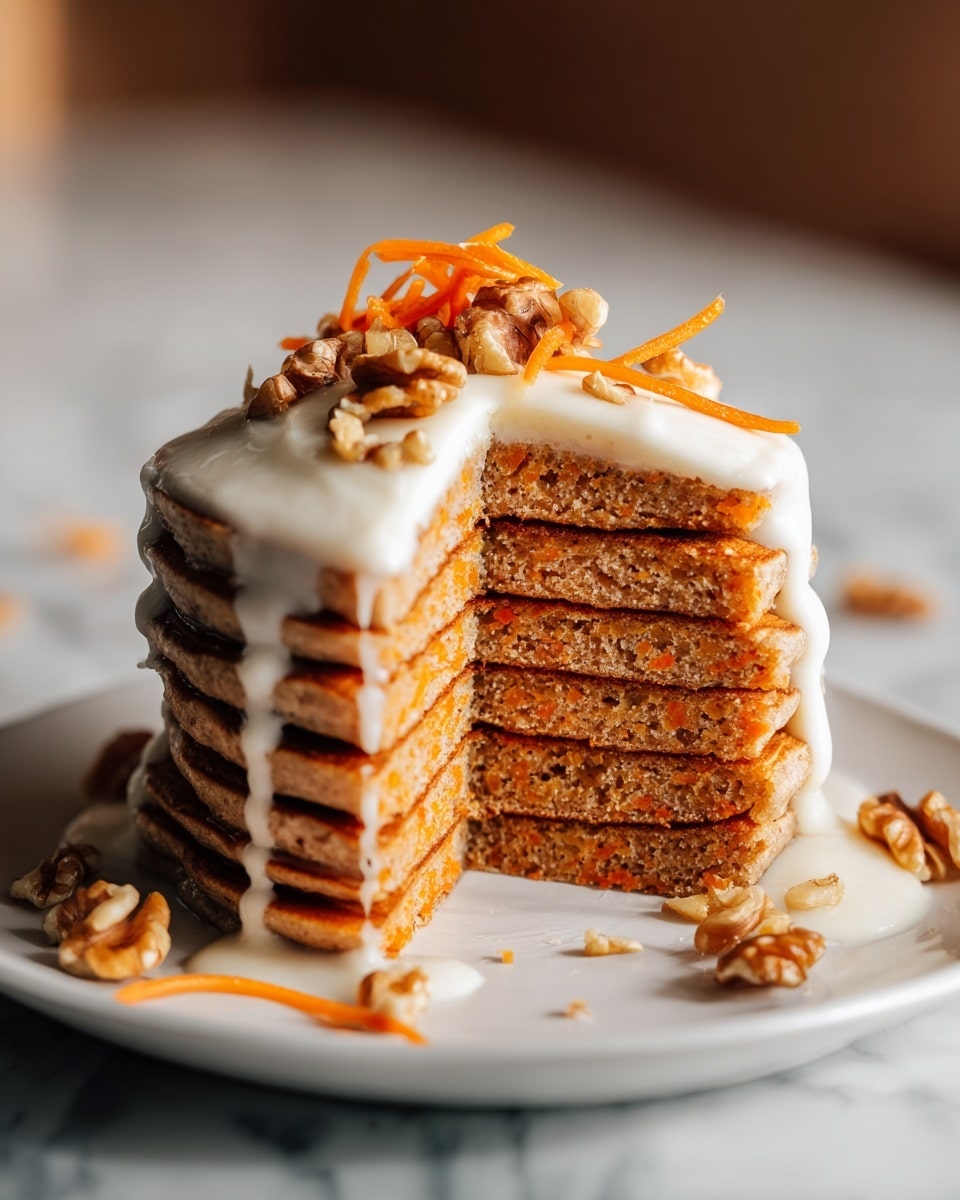 Tall stack of whole carrot pancakes on a large white plate, each pancake thick and fluffy with visible bits of grated carrot throughout, generously drizzled with creamy white icing glaze that cascades down the sides, topped with a small cluster of whole walnuts and a light sprinkle of cinnamon powder, surrounded by a few scattered walnuts on the plate, photographed from a 3/4 angle on a white marble countertop under natural lighting, professional food magazine hero shot photo taken with an iphone --ar 4:5 --v 7