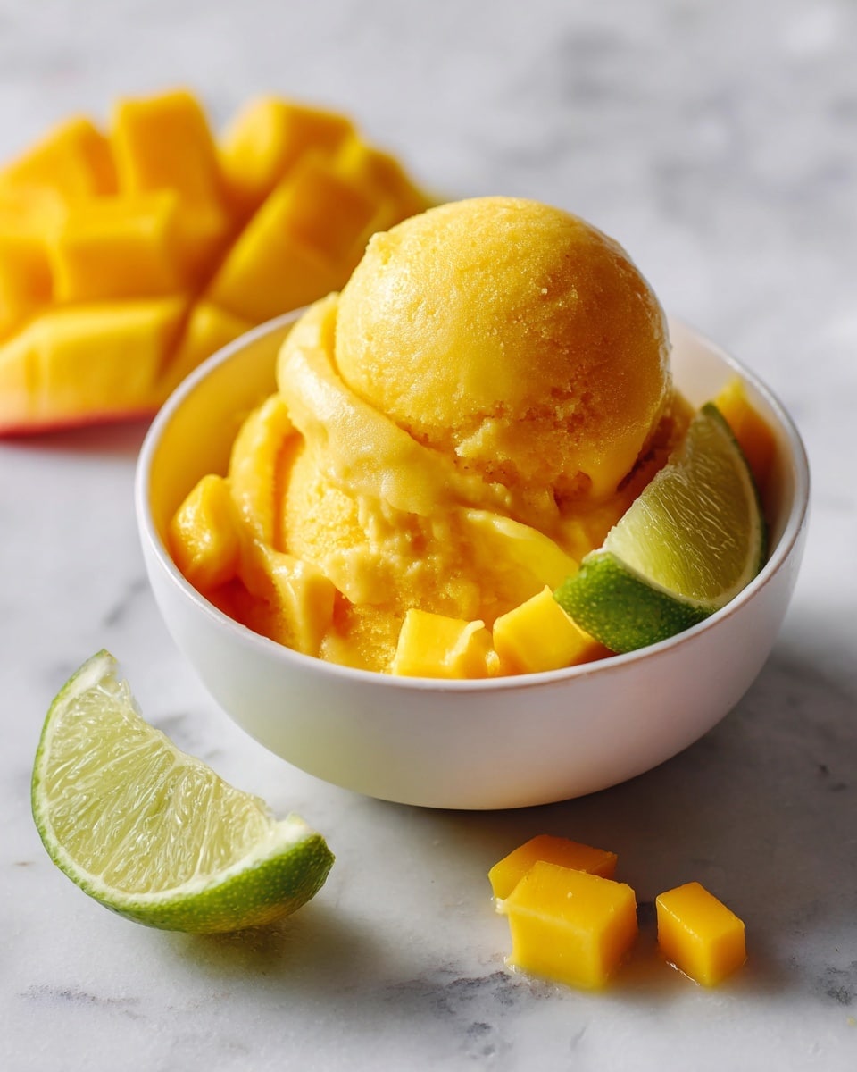 White rectangular serving dish filled with smooth, vibrant orange mango sorbet, presented as a full container without any portions missing, with the surface showing creamy, artfully swirled texture under natural light on a white marble countertop, styled professionally for a food magazine hero shot, photo taken with an iphone --ar 4:5 --v 7