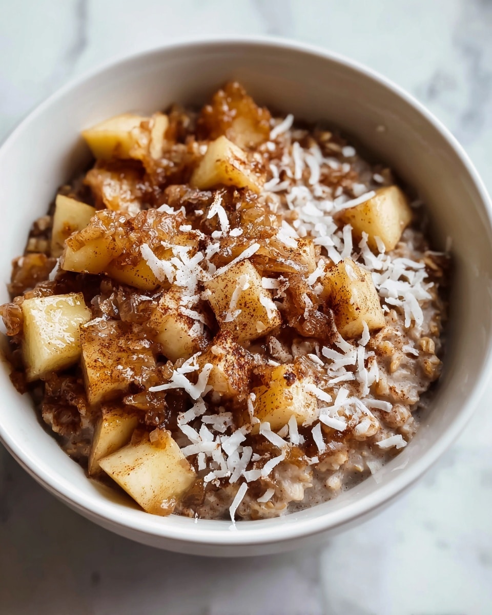 Large white ceramic bowl filled with a generous serving of warm apple cinnamon quinoa breakfast porridge, topped with golden spiced cubes of sautéed apple and a light sprinkle of shredded coconut, surrounded by a second identical bowl and a rustic cream-colored ceramic jug on a white marble countertop, natural morning light highlighting the texture and warmth of the dish, styled as an inviting and wholesome morning meal, photo taken with an iphone --ar 4:5 --v 7