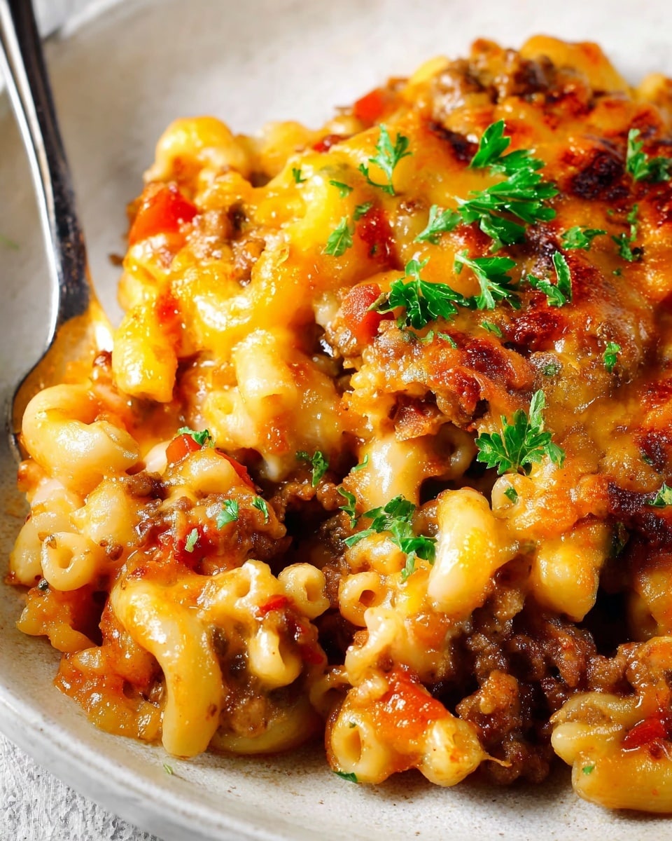 Large white oval baking dish filled with a rich, golden baked macaroni and cheese casserole dotted with browned sausage pieces and melted cheddar cheese bubbling on top, garnished with fresh chopped parsley, edges showing the perfectly baked crust, the entire dish presented on a white marble countertop under natural lighting, professional food styling photo taken with an iphone --ar 4:5 --v 7