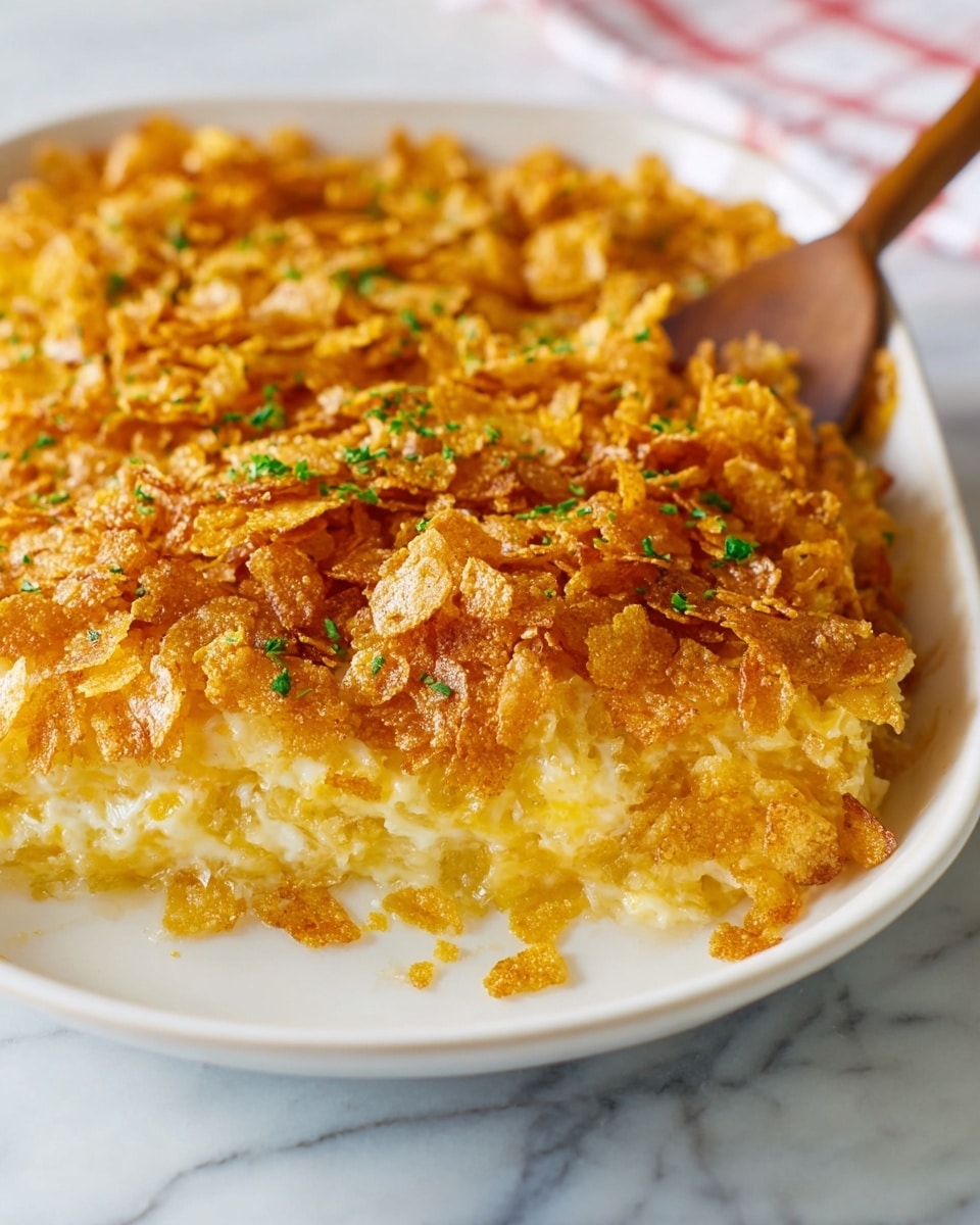 Large white rectangular baking dish filled with a golden, crispy cornflake-topped casserole, showing the entire unserved surface with a perfectly baked, crunchy crust, warm and inviting texture, shot with natural lighting on white marble countertop, professional 3/4 angle food magazine hero shot, photo taken with an iphone --ar 4:5 --v 7