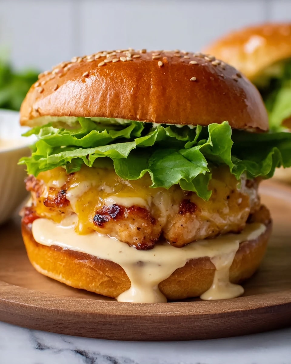 Two complete homemade chicken burgers presented on white sesame seed buns with fresh green lettuce, juicy grilled chicken patties, crispy bacon strips, and fresh tomato slices, all secured with decorative skewers, arranged side by side on a white surface with natural lighting, shot from a 3/4 angle on a white marble background, professional food styling, photo taken with an iphone --ar 4:5 --v 7