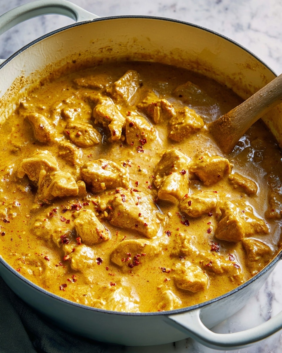 Large white enameled cast iron pot filled with creamy chicken curry simmering with tender chunks of chicken, richly spiced with paprika and turmeric, thick golden sauce coating every piece, garnished lightly with red chili flakes, natural lighting emphasizing the smooth texture of the curry, placed on a white marble countertop, professional food magazine hero shot photo taken with an iphone --ar 4:5 --v 7