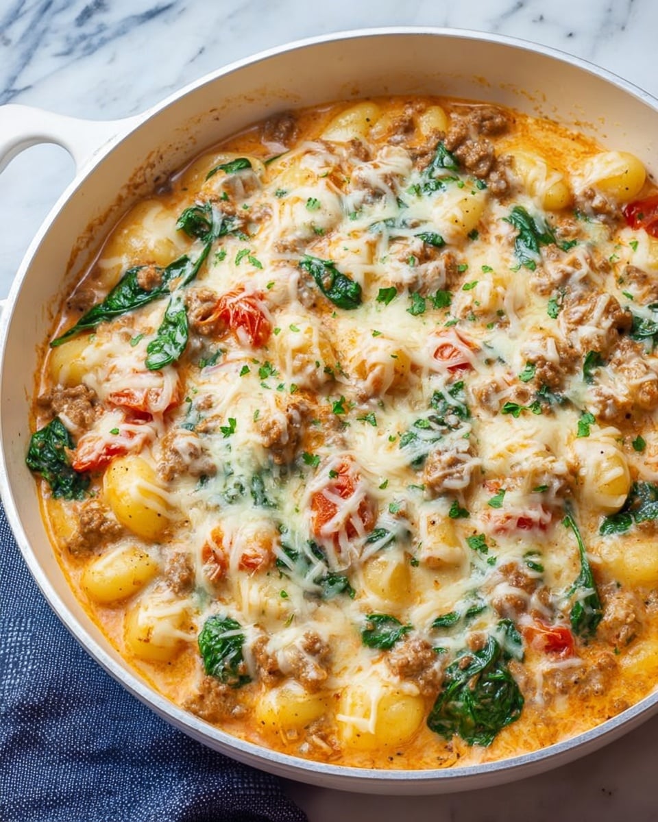 Large white skillet filled with a creamy, cheesy gnocchi bake featuring tender potato gnocchi, browned ground sausage, wilted fresh spinach, and diced tomatoes, all enveloped in a rich, golden melted cheese sauce, garnished with extra shredded mozzarella and finely chopped parsley, presented in a whole, uncut dish on a white marble countertop with natural lighting, styled as a professional hero food shot photo taken with an iphone --ar 4:5 --v 7