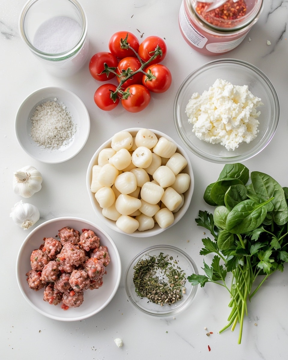 Single white bowl featuring a generous plated serving of creamy gnocchi with visible tender spinach leaves and crumbled sausage pieces nestled throughout the sauce, melted shredded cheese lightly sprinkled on top, close-up angle highlighting the pillowy texture of the gnocchi and rich sauce coating each bite, natural lighting emphasizing vibrant green spinach and warm orange-cheese hues, placed on white marble surface with an intimate food blog style photo taken with an iphone --ar 4:5 --v 7