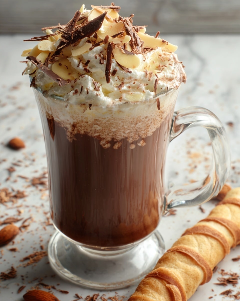 A tall, large glass mug filled to the brim with rich, creamy hot chocolate, topped generously with a thick layer of whipped cream sprinkled with toasted almond slices and delicate chocolate shavings, alongside an unwrapped rolled wafer stick resting on the white marble surface, all presented in a professional food styling composition with natural lighting, whole mug shown in full detail – photo taken with an iphone --ar 4:5 --v 7