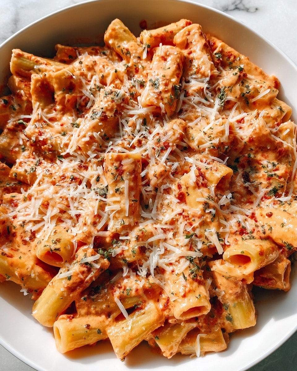 Single white bowl showcasing a close-up of a plated serving of rigatoni pasta coated in a creamy tomato sauce, sprinkled generously with finely grated parmesan cheese, tender pasta tubes glistening with sauce and flecked with herbs, steam gently rising, all set against a white marble background, natural lighting highlighting the rich textures and inviting warmth of the dish, food blog style photo taken with an iphone --ar 4:5 --v 7