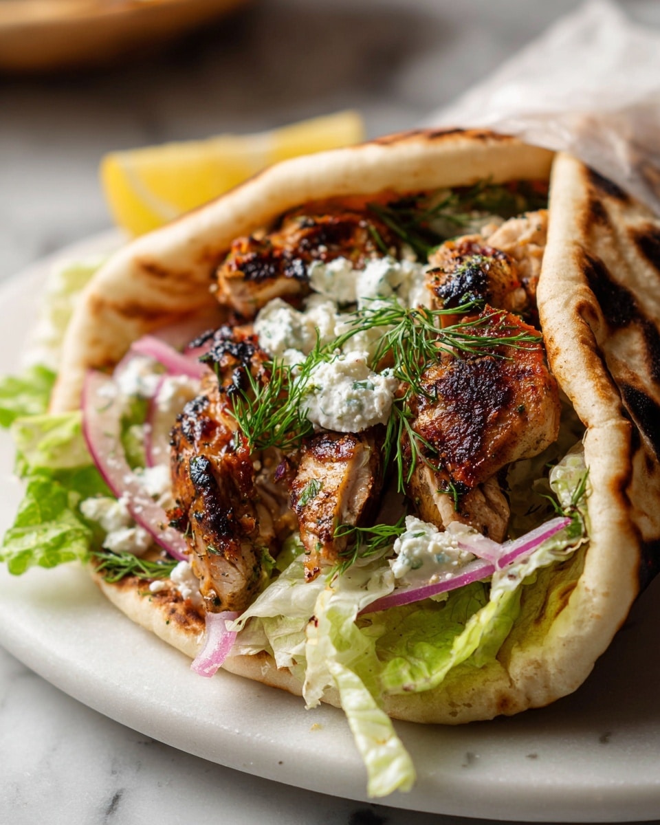 Large white platter filled with multiple grilled chicken souvlaki wraps on soft, fluffy pita bread, each loaded generously with tender grilled chicken pieces, fresh crunchy lettuce, thinly sliced red onions, crumbled feta cheese, and sprigs of fresh dill, accompanied by lemon wedges and a wooden bowl of creamy tzatziki sauce, arranged beautifully on a white marble countertop with natural lighting, professional food magazine hero shot, photo taken with an iphone --ar 4:5 --v 7