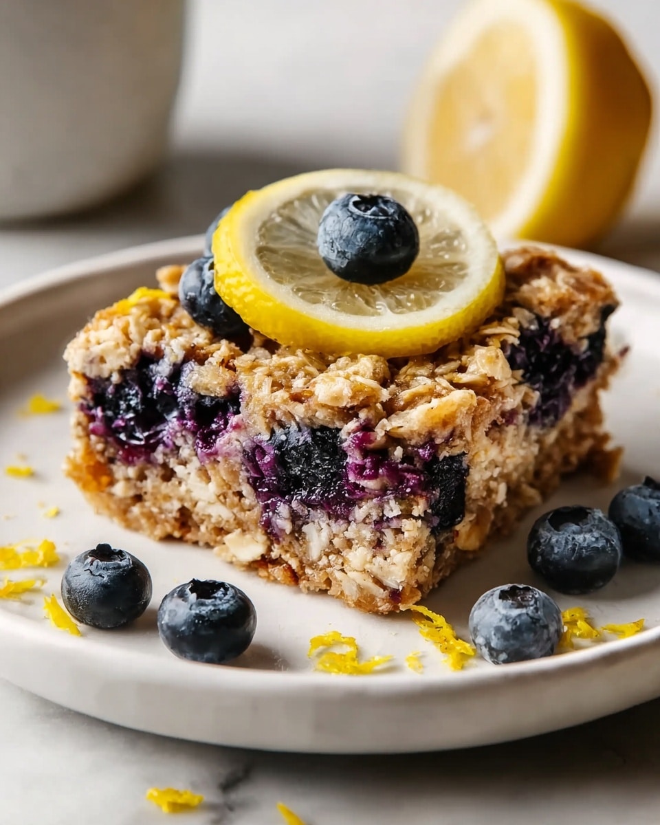 Large white rectangular baking dish filled with a whole freshly baked blueberry oatmeal bake, bursting with plump blueberries throughout, topped with a golden-brown oat crust and scattered lemon zest, garnished with a fresh lemon slice and whole blueberries resting on top, photographed from a 3/4 angle showing the entire dish on a white marble countertop, natural lighting, professional food magazine hero shot photo taken with an iphone --ar 4:5 --v 7