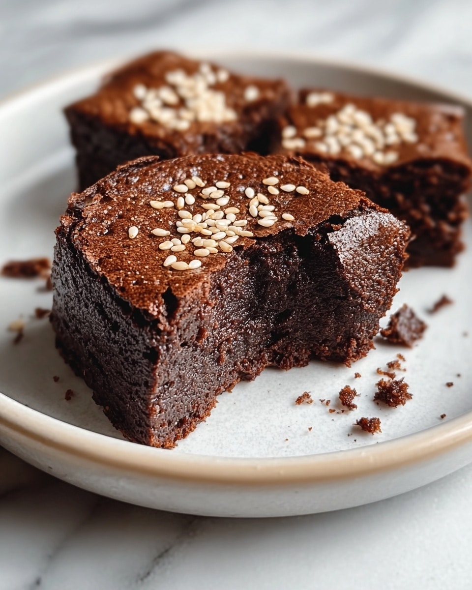 White serving plate filled with a full dozen rich, fudgy chocolate brownies topped with scattered golden sesame seeds, with a shiny, slightly cracked surface showcasing their dense and moist texture, all brownies whole and neatly arranged, photographed in a professional 3/4 angle shot on a white marble background with natural lighting, hero food magazine style photo taken with an iphone --ar 4:5 --v 7