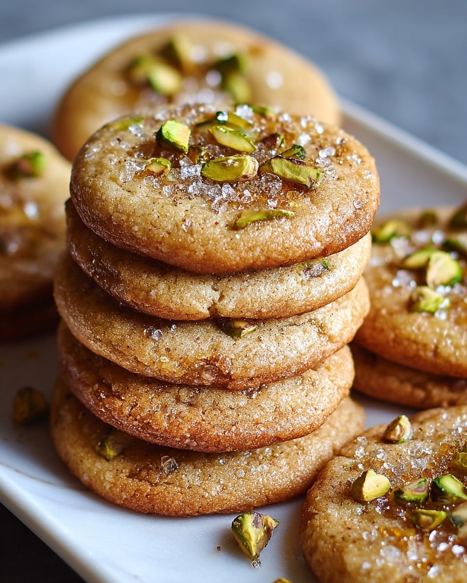 A white rectangular platter filled with a generous arrangement of freshly baked golden pistachio cookies, each cookie topped with glistening caramelized sugar crystals, coarse sea salt flakes, and scattered bright green pistachio nut pieces, the entire batch displayed together in a neat, inviting stack and spread, shot at a 3/4 angle on a white marble surface under natural light, styled as a professional food magazine hero shot, photo taken with an iphone --ar 4:5 --v 7