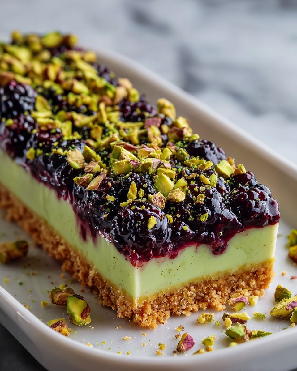 Whole rectangular pistachio bar dessert on a large white serving dish, featuring a crunchy golden crust base topped with a smooth pale green pistachio custard layer, covered evenly with a vibrant blackberry compote layer and generously sprinkled with chopped pistachios, whole dish perfectly styled on a white marble background under natural lighting, professional overhead food magazine shot photo taken with an iphone --ar 4:5 --v 7