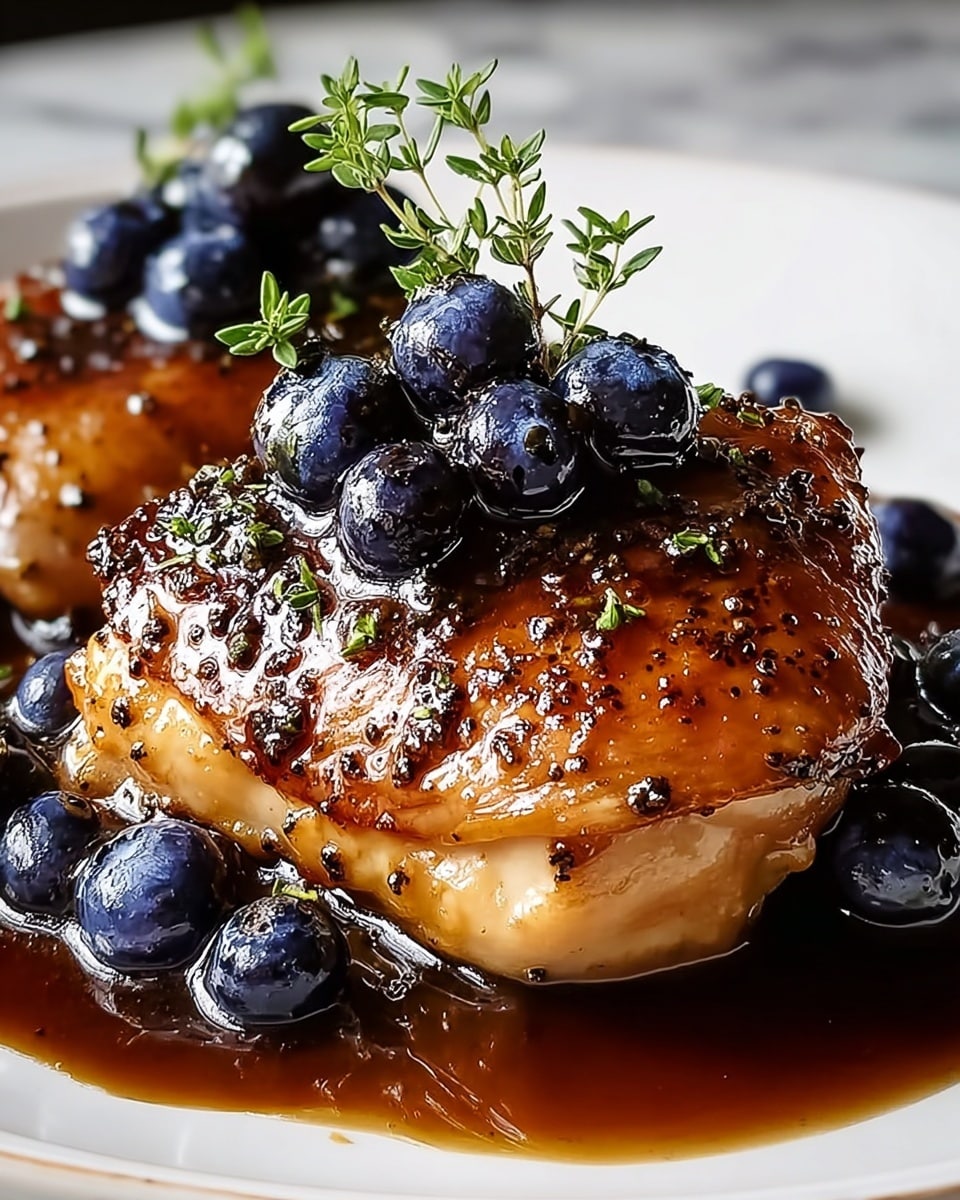 White oval serving platter filled with multiple whole glazed chicken thighs, richly coated in a glossy dark sauce, each piece topped generously with fresh, plump blueberries and sprigs of fragrant thyme, arranged elegantly to highlight the caramelized texture and vibrant garnishes, photographed from a 3/4 angle on a white marble background with natural lighting, professional food styling photo taken with an iphone --ar 4:5 --v 7