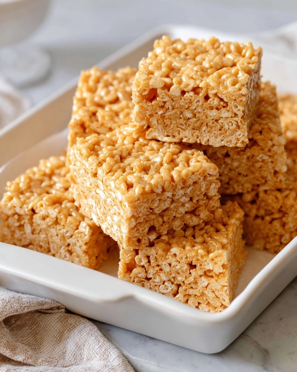 Large white square baking dish filled with a whole, perfectly set tray of golden, chewy rice crispy treats, showcasing the textured puffed rice and marshmallow mixture evenly distributed throughout, all with clean straight edges and no portions removed, photographed from a 3/4 angle on a white marble countertop bathed in natural light, styled as a professional food magazine hero shot photo taken with an iphone --ar 4:5 --v 7