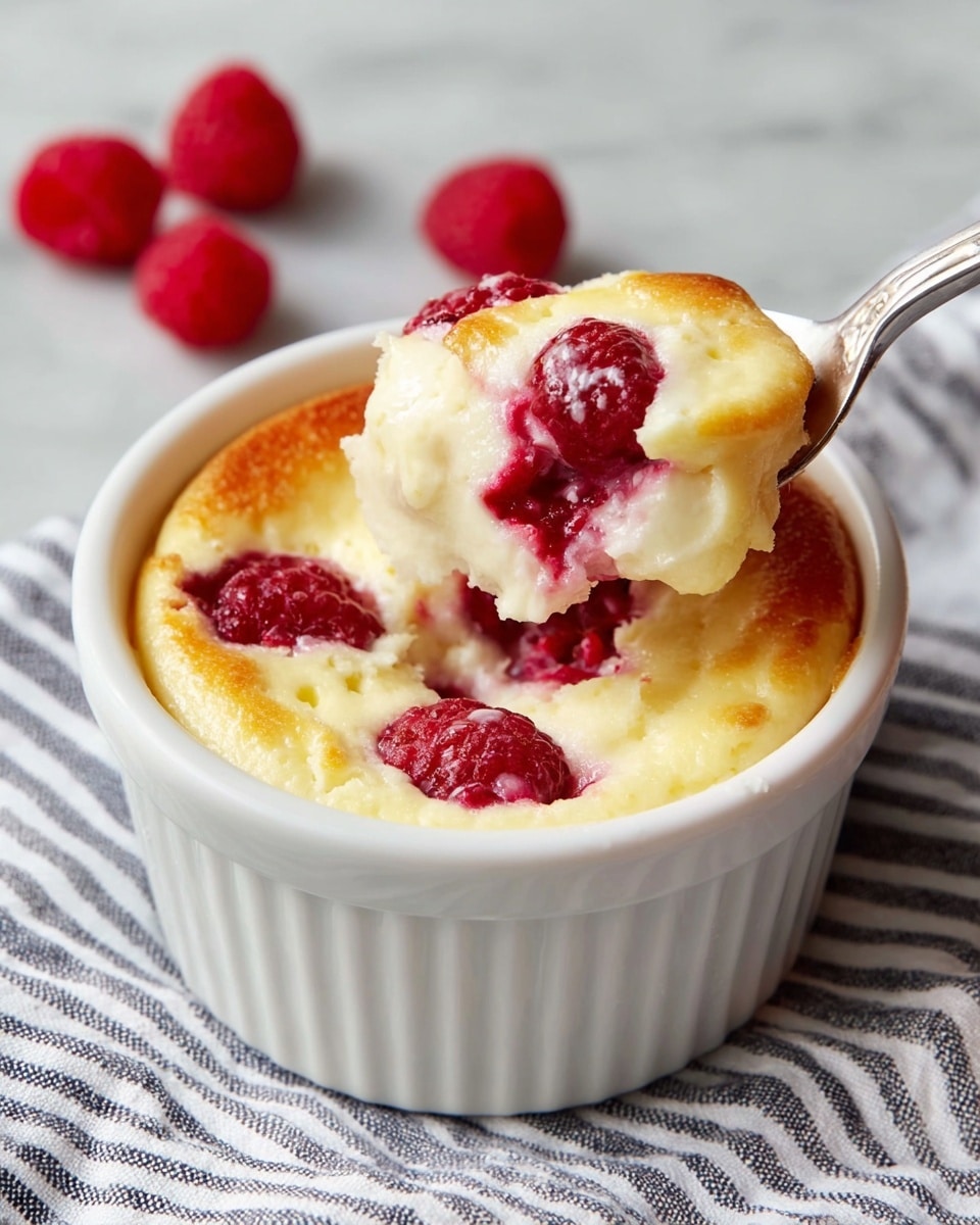 Large white ceramic ramekin filled with freshly baked individual raspberry cheesecake with a smooth, creamy surface featuring whole raspberries scattered on top, edges slightly golden from baking, presented alongside matching ramekins as a full set on a white marble countertop, natural lighting highlighting the delicate texture and vibrant red fruit, professional overhead food magazine style photo taken with an iphone --ar 4:5 --v 7