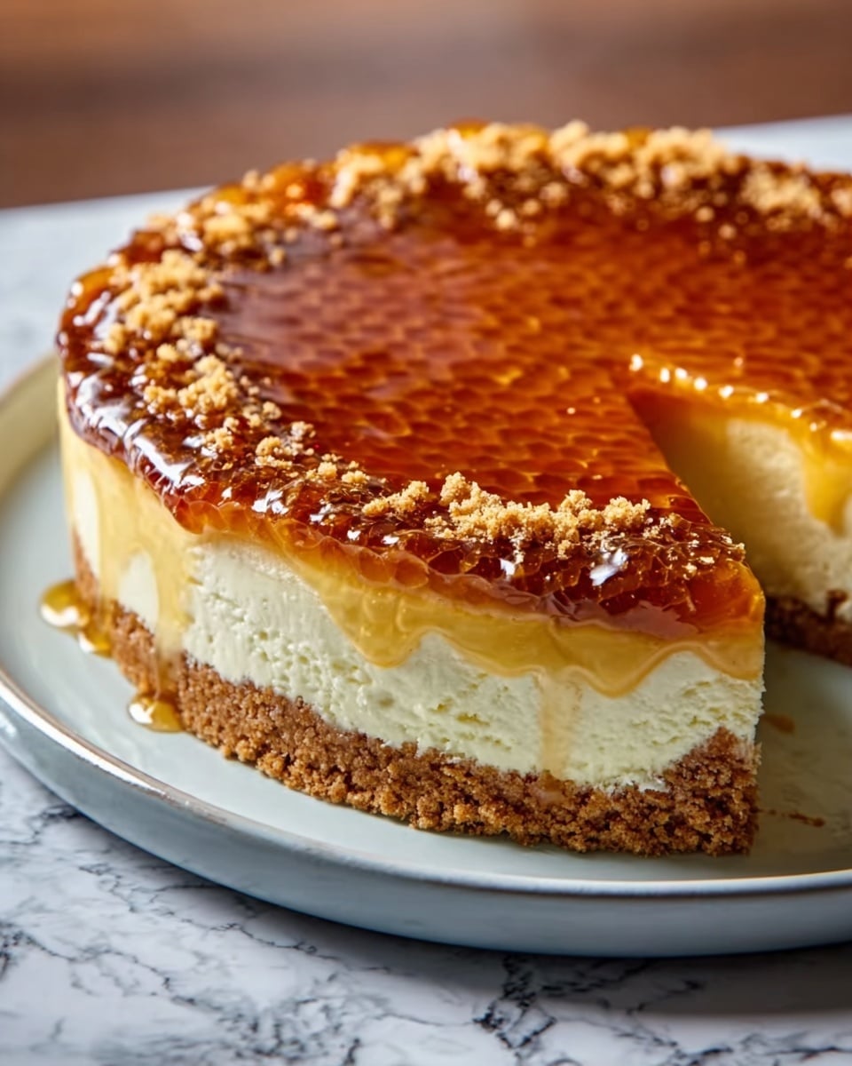Whole uncut cheesecake topped with a thick, glossy honeycomb layer that shines with golden amber hues, sitting on a crumbly, rich graham cracker crust, presented in a large white round dish, the full cheesecake displayed from a 3/4 angle on a white marble countertop with natural lighting, styled as a hero food magazine shot, photo taken with an iphone --ar 4:5 --v 7