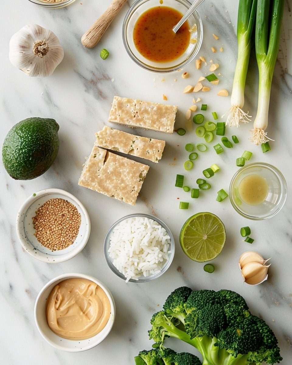 Single white bowl showcasing one serving of glazed tofu pieces arranged atop fluffy white rice, accompanied by vibrant steamed broccoli florets, close-up angle emphasizing the glossy, richly sauced tofu sprinkled with crushed peanuts and red pepper flakes, garnished with fresh chopped scallions, natural lighting highlighting the textures and colors, placed on white marble surface with a woman's hand holding chopsticks picking up tofu, intimate plated serving photo taken with an iphone --ar 4:5 --v 7