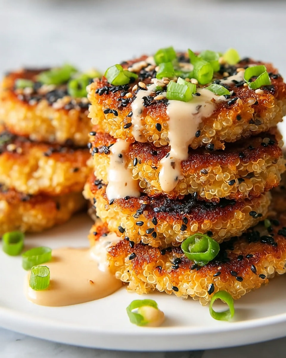 Large white plate filled with an entire batch of golden-brown crispy quinoa cakes arranged in a neat stack, each patty perfectly round and textured with toasted black sesame seeds, generously drizzled with creamy sauce and garnished with vibrant chopped green onions, photographed from a close 3/4 angle on a white marble surface under natural lighting, professional food styling photo taken with an iphone --ar 4:5 --v 7