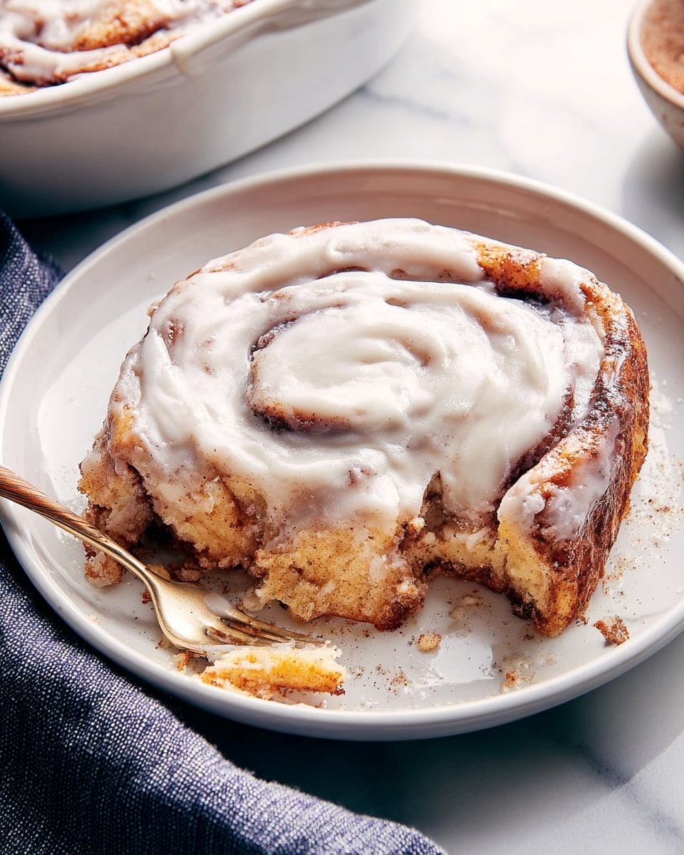 Large white baking dish filled with freshly baked cinnamon rolls generously coated with creamy white icing, topped with a light dusting of cinnamon powder, showcasing the full plump and fluffy swirls of dough soaked in cinnamon sugar. The dish is positioned on a white marble countertop with natural lighting, styled with cinnamon sticks placed nearby to add warmth and context, professional food magazine hero shot taken with an iphone --ar 4:5 --v 7