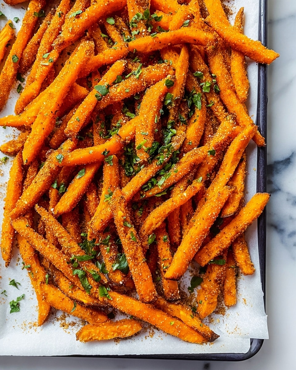 Large white rectangular baking sheet filled with a generous batch of golden-orange crispy baked sweet potato fries, evenly coated with a crunchy seasoned crust and sprinkled with fresh chopped herbs, glistening under natural light on a white marble countertop, professional food styling, entire dish in frame, photo taken with an iphone --ar 4:5 --v 7