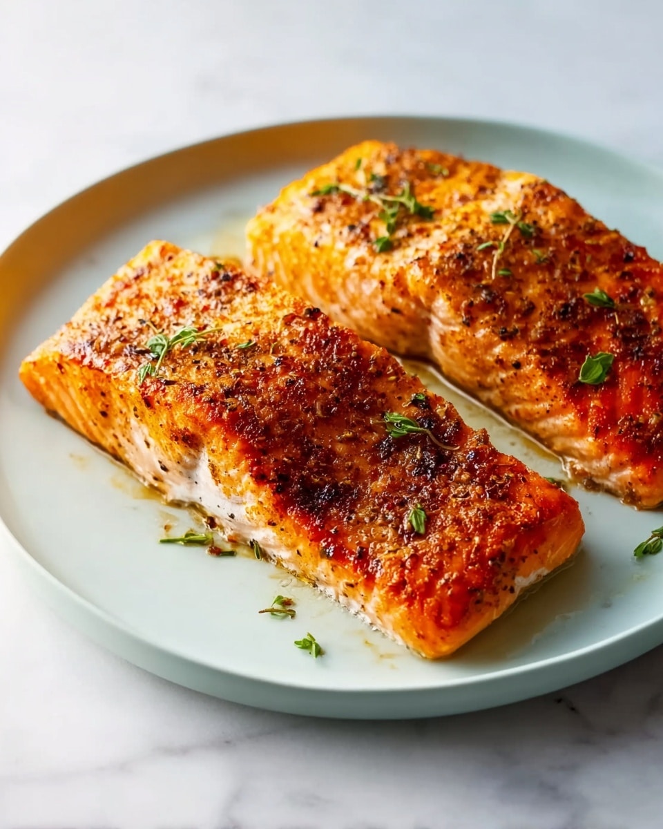 Large white serving plate showcasing four perfectly seasoned and evenly cooked whole salmon fillets, garnished with finely chopped fresh herbs and drizzled with a glossy herb-infused sauce, all arranged neatly to display their vibrant orange color and crispy edges, accompanied by a small white bowl filled with additional sauce on the side, set on a white marble countertop under natural lighting for a professional food magazine hero shot, photo taken with an iphone --ar 4:5 --v 7
